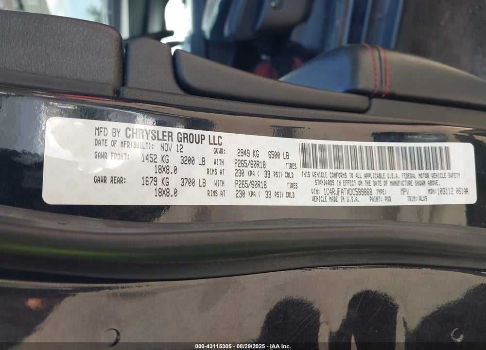 2013 JEEP GRAND CHEROKEE VIN: 1C4RJFATXDC589868