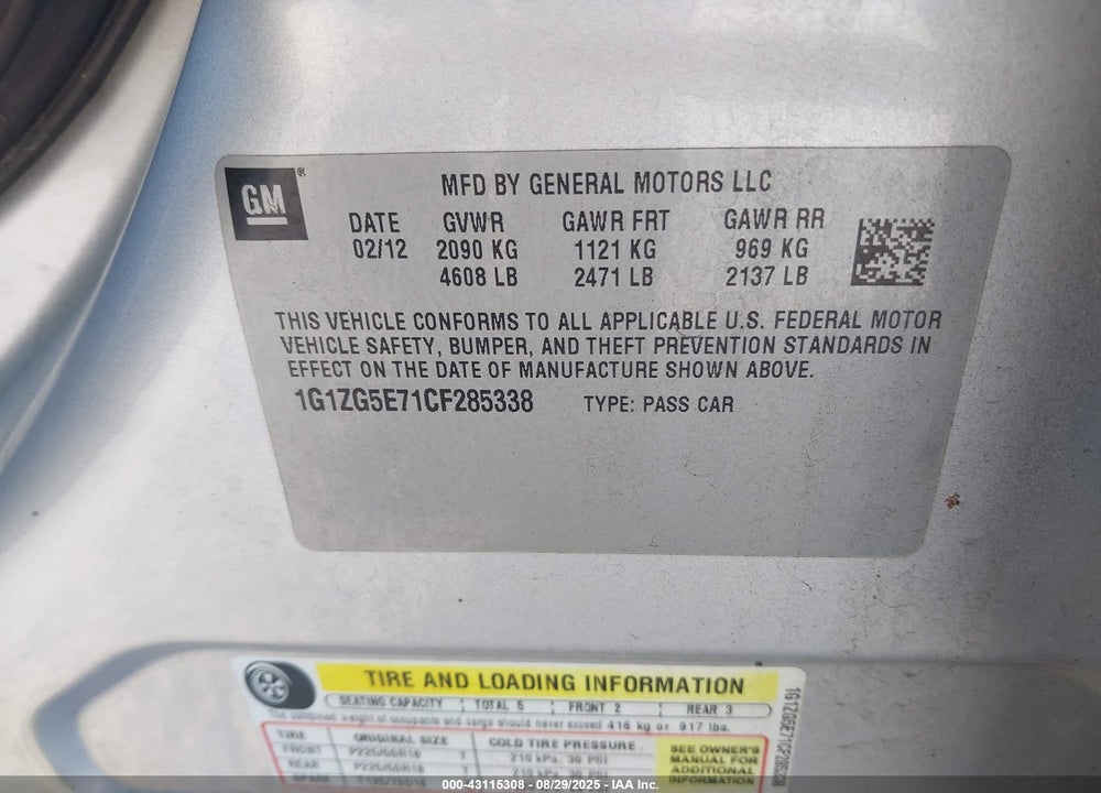 2012 CHEVROLET MALIBU VIN: 1G1ZG5E71CF285338