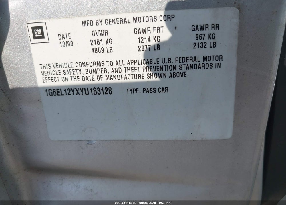 2000 CADILLAC ELDORADO ESC VIN: 1G6EL12YXYU183128