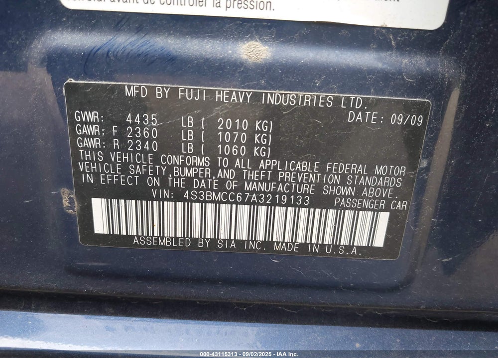 2010 SUBARU LEGACY VIN: 4S3BMCC67A3219133