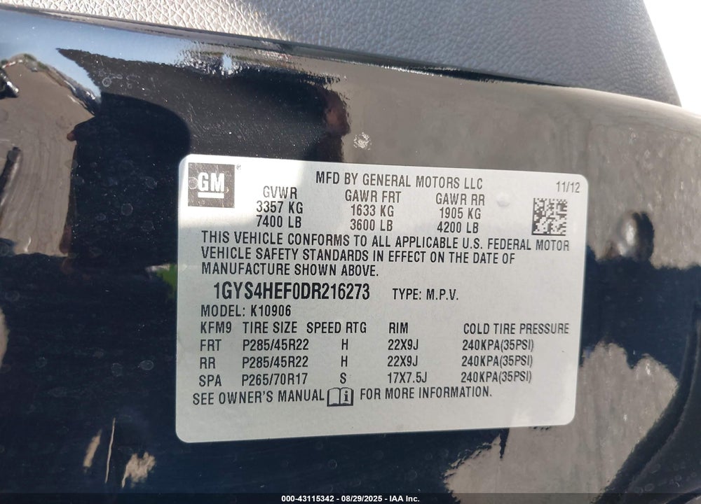 2013 CADILLAC ESCALADE ESV VIN: 1GYS4HEF0DR216273