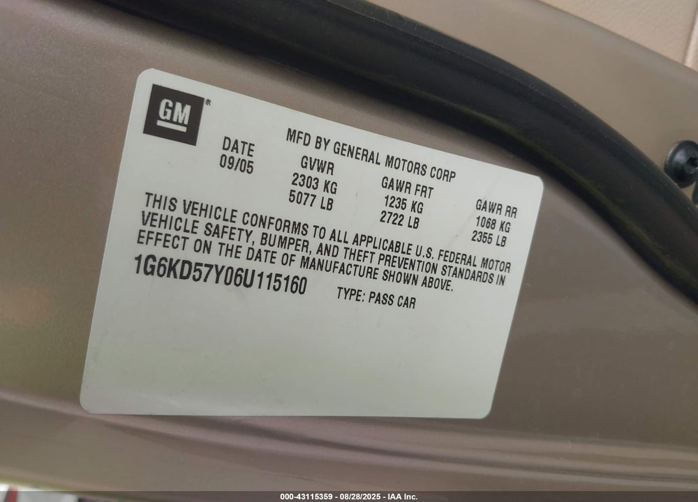 2006 CADILLAC DTS VIN: 1G6KD57Y06U115160