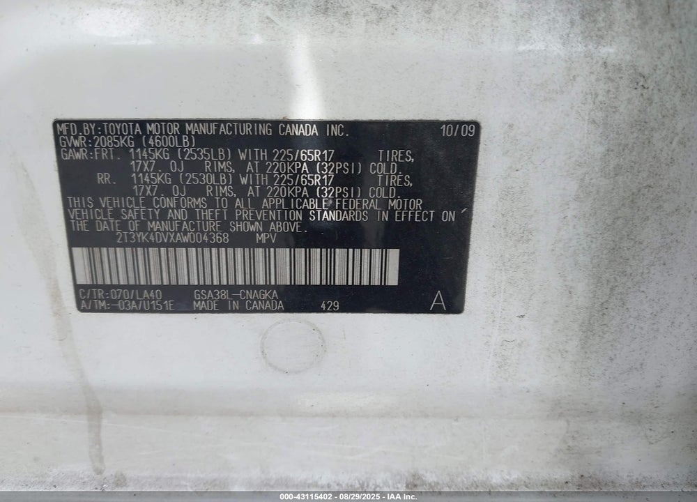 2010 TOYOTA RAV4 VIN: 2T3YK4DVXAW004368