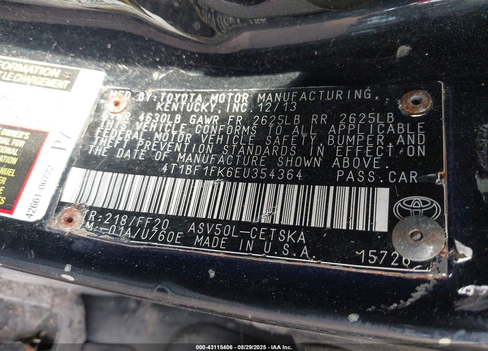2014 TOYOTA CAMRY VIN: 4T1BF1FK6EU354364
