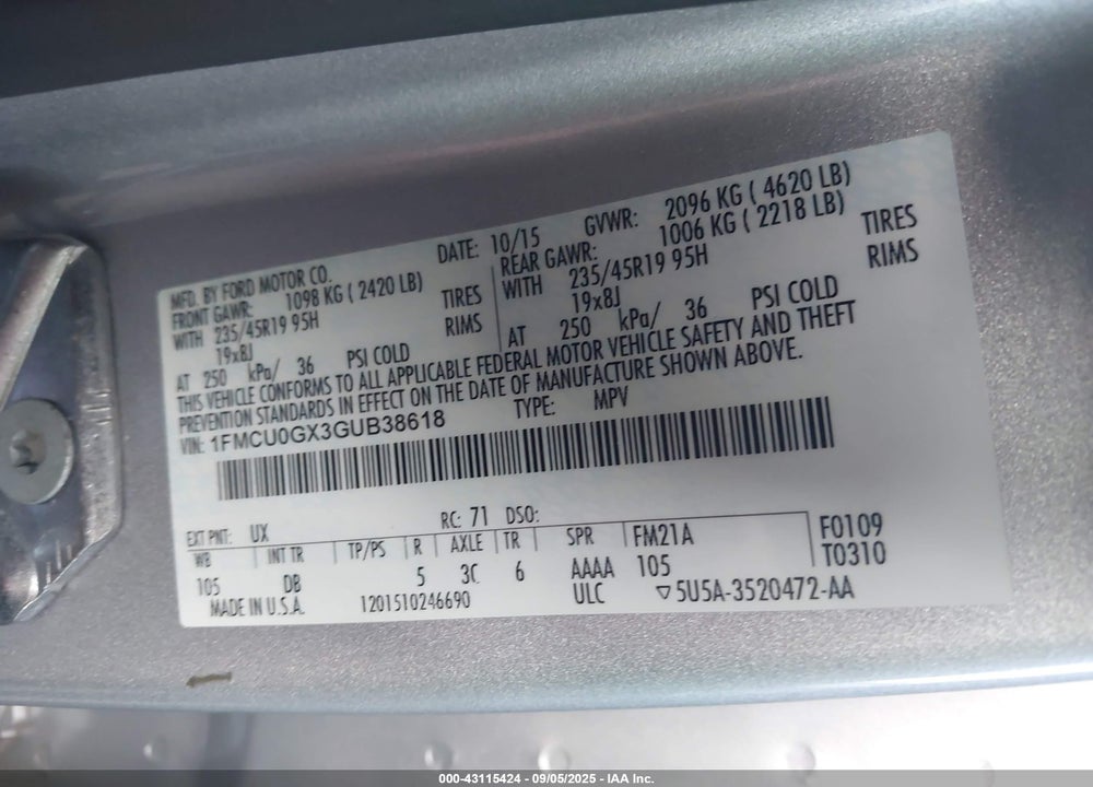 2016 FORD ESCAPE VIN: 1FMCU0GX3GUB38618