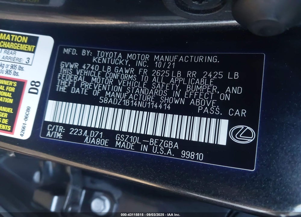 2022 LEXUS ES 350 VIN: 58ADZ1B14NU114414