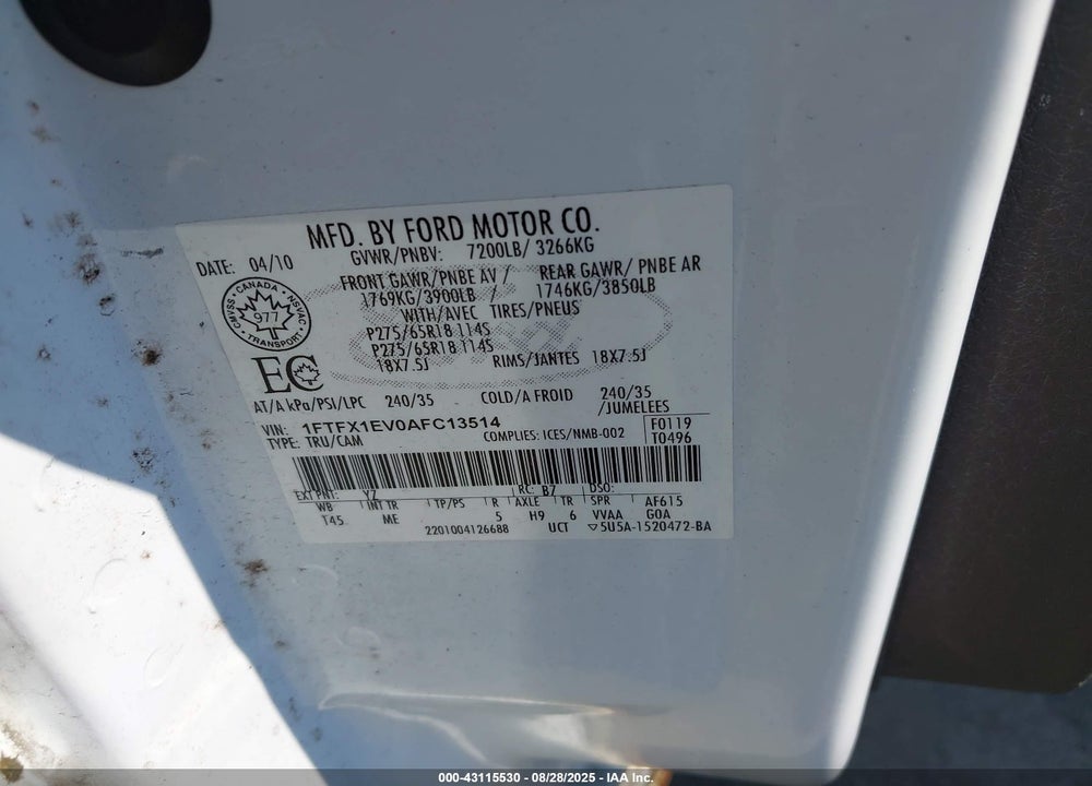 2010 FORD F-150 FX4/LARIAT/XL/XLT VIN: 1FTFX1EV0AFC13514