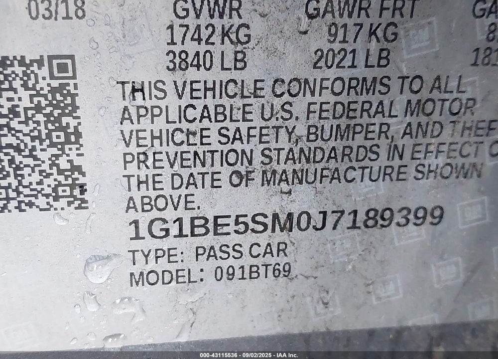2018 CHEVROLET CRUZE VIN: 1G1BE5SM0J7189399