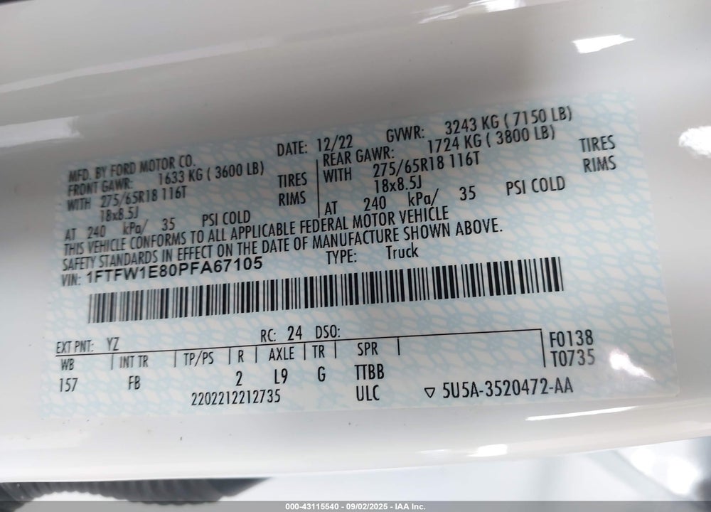 2023 FORD F-150 VIN: 1FTFW1E80PFA67105