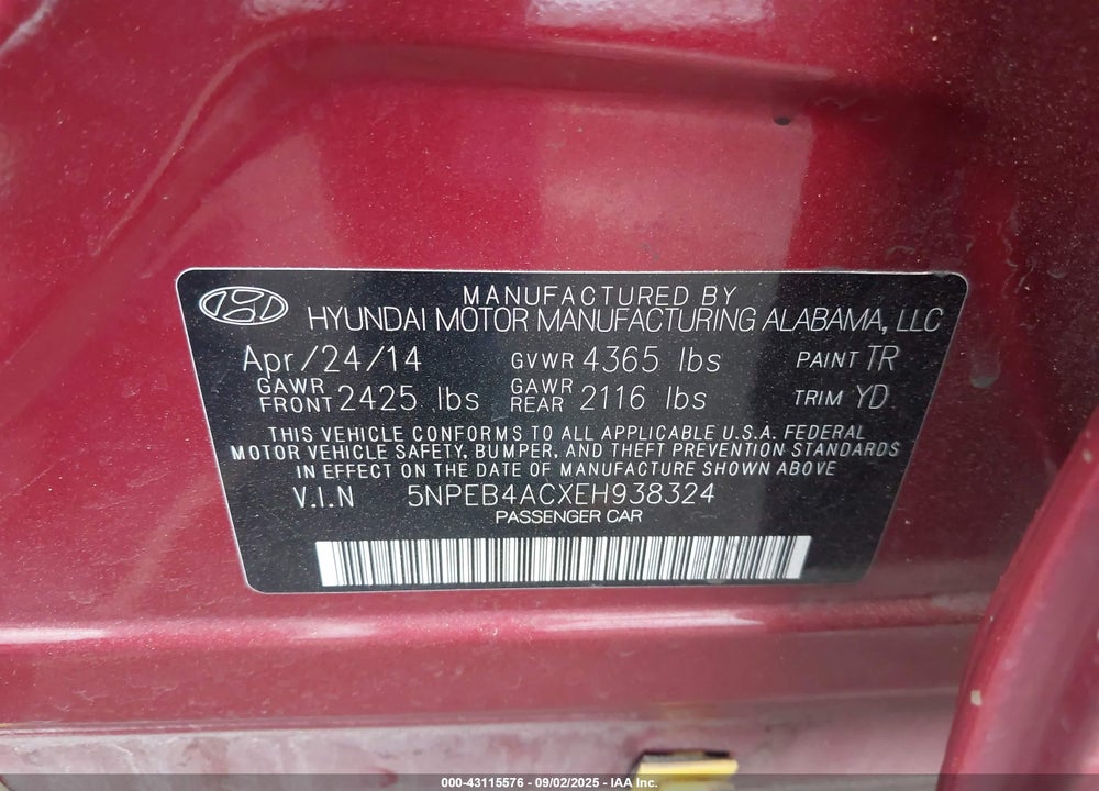2014 HYUNDAI SONATA GLS VIN: 5NPEB4ACXEH938324
