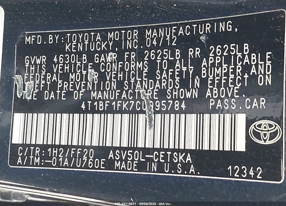 2012 TOYOTA CAMRY VIN: 4T1BF1FK7CU095784