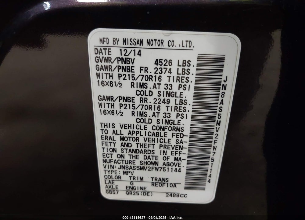 2015 NISSAN ROGUE VIN: JN8AS5MV2FW751144