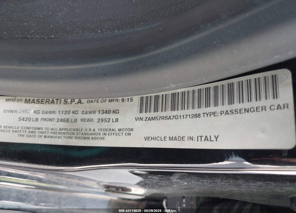 2016 MASERATI ALL MODELS VIN: ZAM57RSA7G1171288