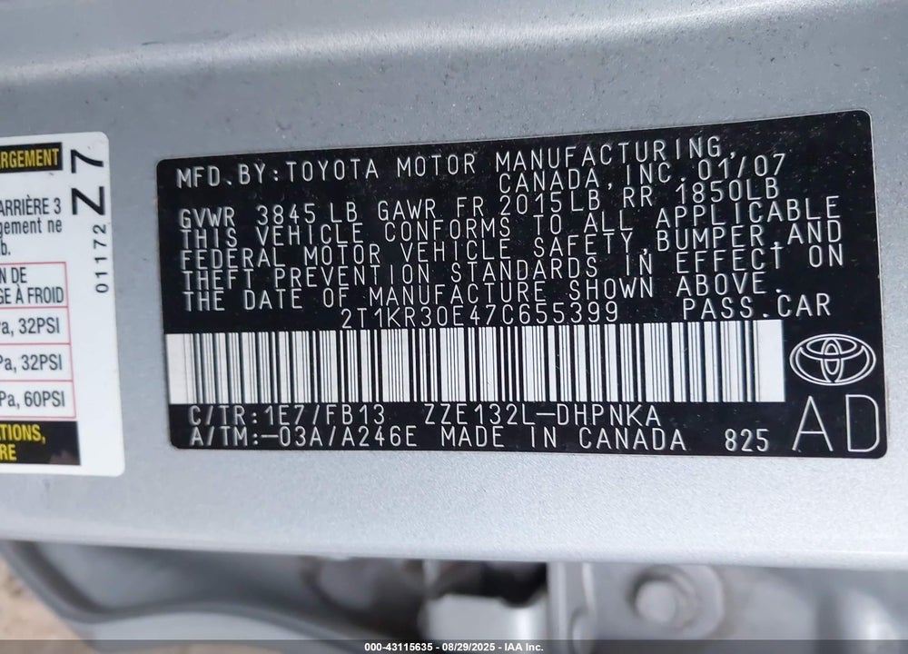 2007 TOYOTA MATRIX/XR VIN: 2T1KR30E47C655399