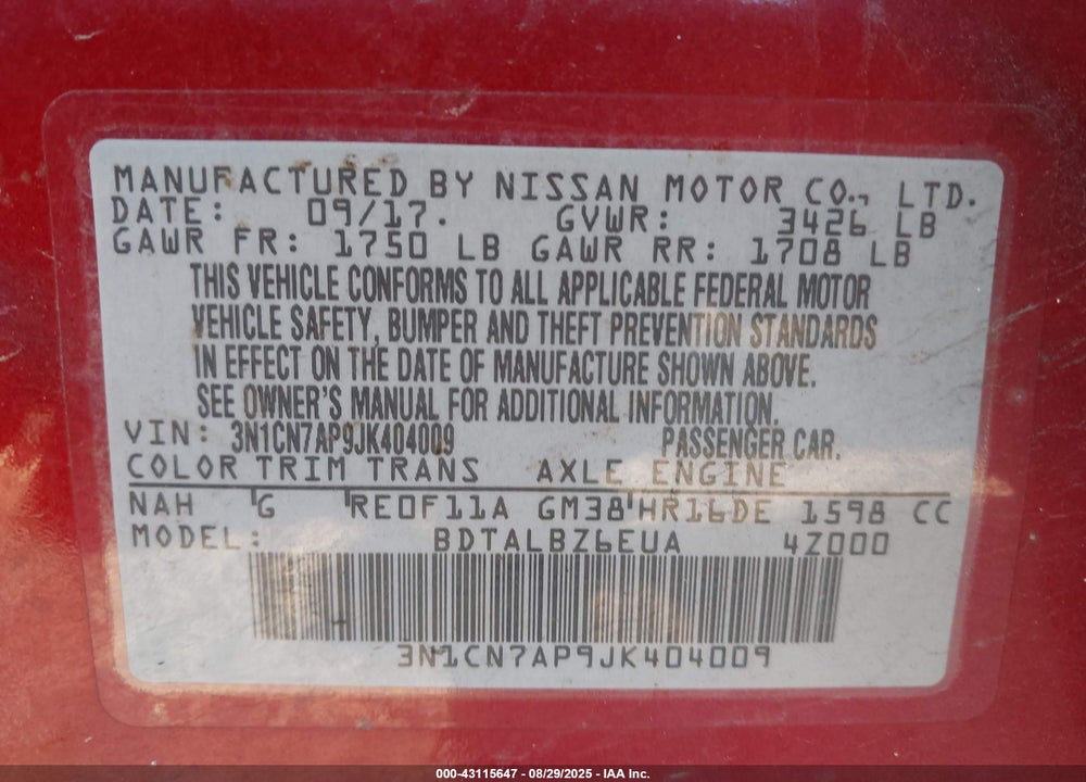 2018 NISSAN VERSA 1.6 SV VIN: 3N1CN7AP9JK404009