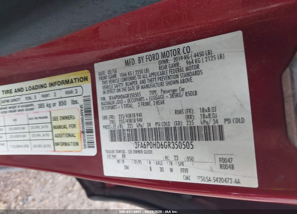 2016 FORD FUSION VIN: 3FA6P0HD6GR350505