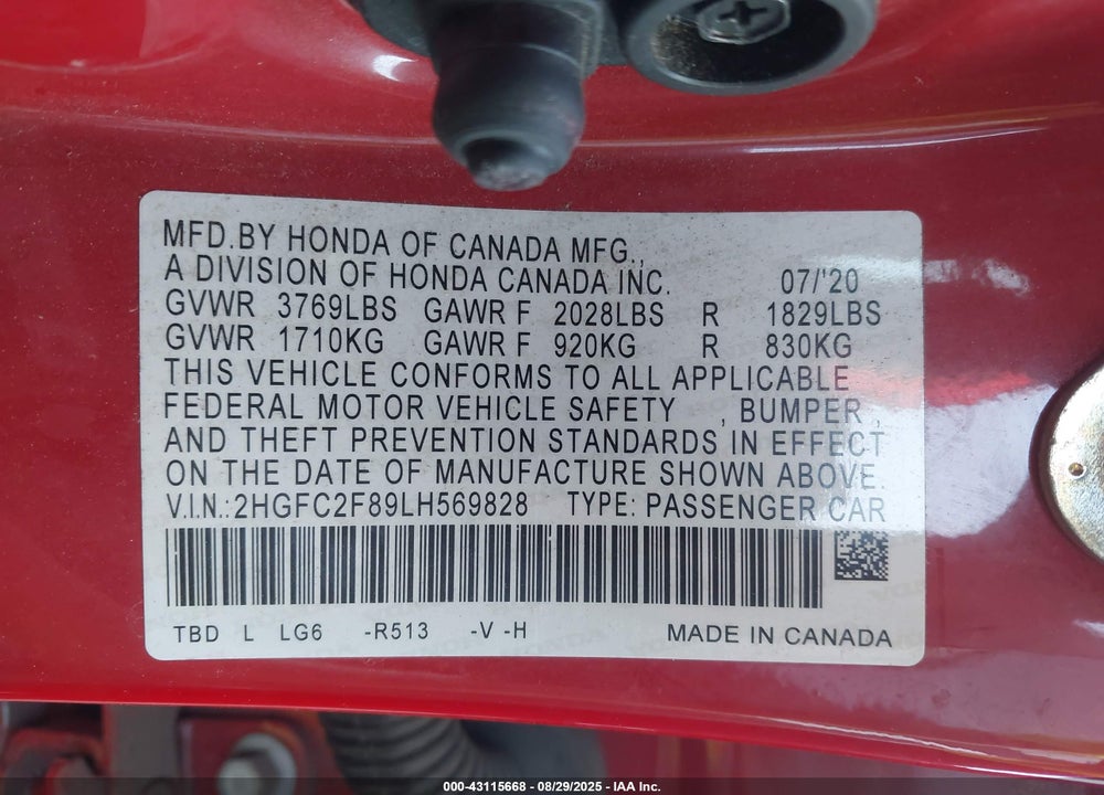 2020 HONDA CIVIC SPORT VIN: 2HGFC2F89LH569828