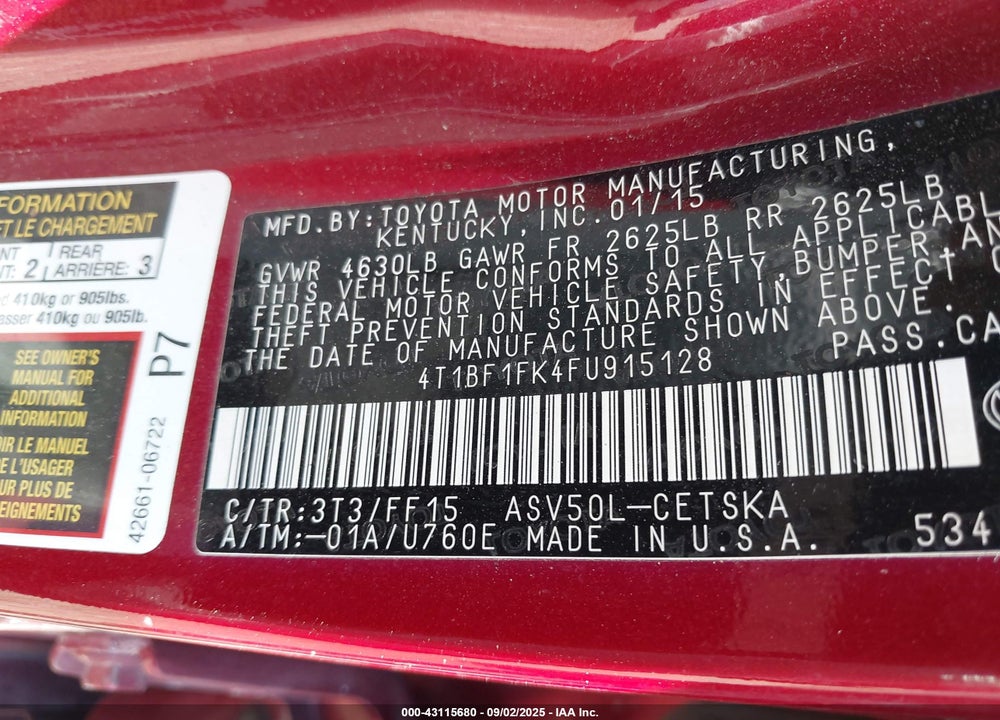 2015 TOYOTA CAMRY VIN: 4T1BF1FK4FU915128