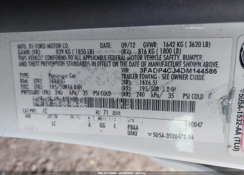 2013 FORD FIESTA VIN: 3FADP4CJ4DM144586