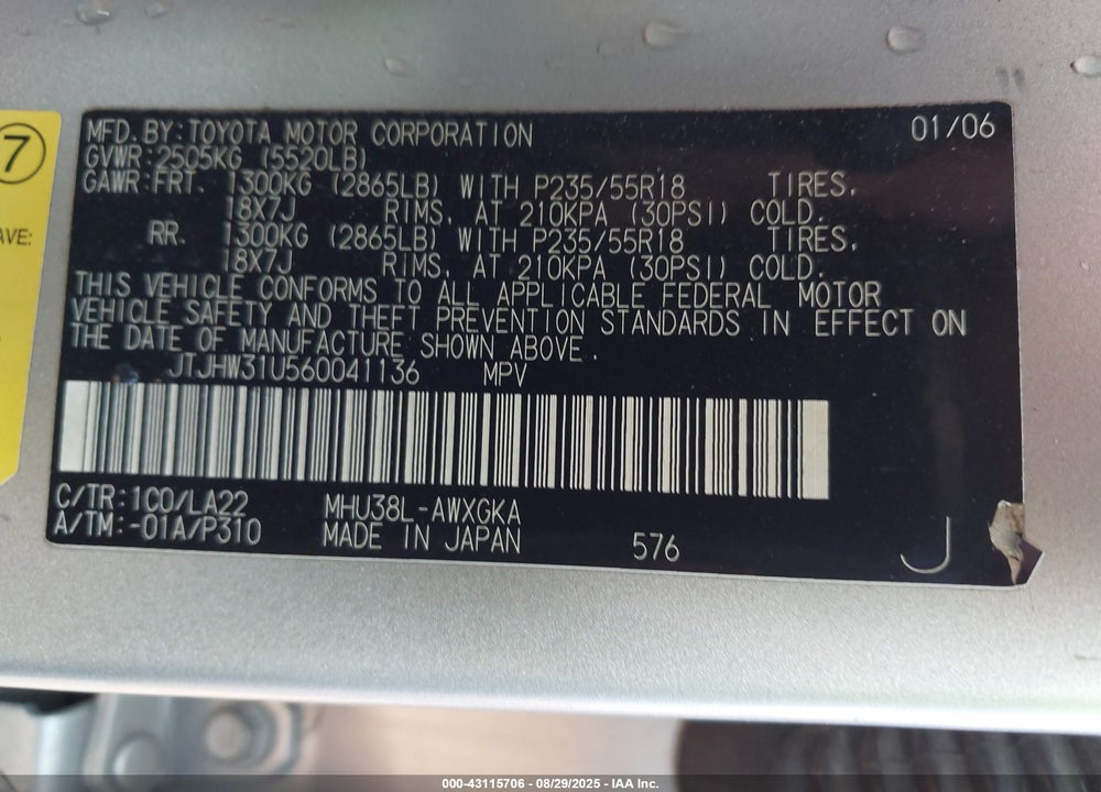 2006 LEXUS RX 400H VIN: JTJHW31U560041136