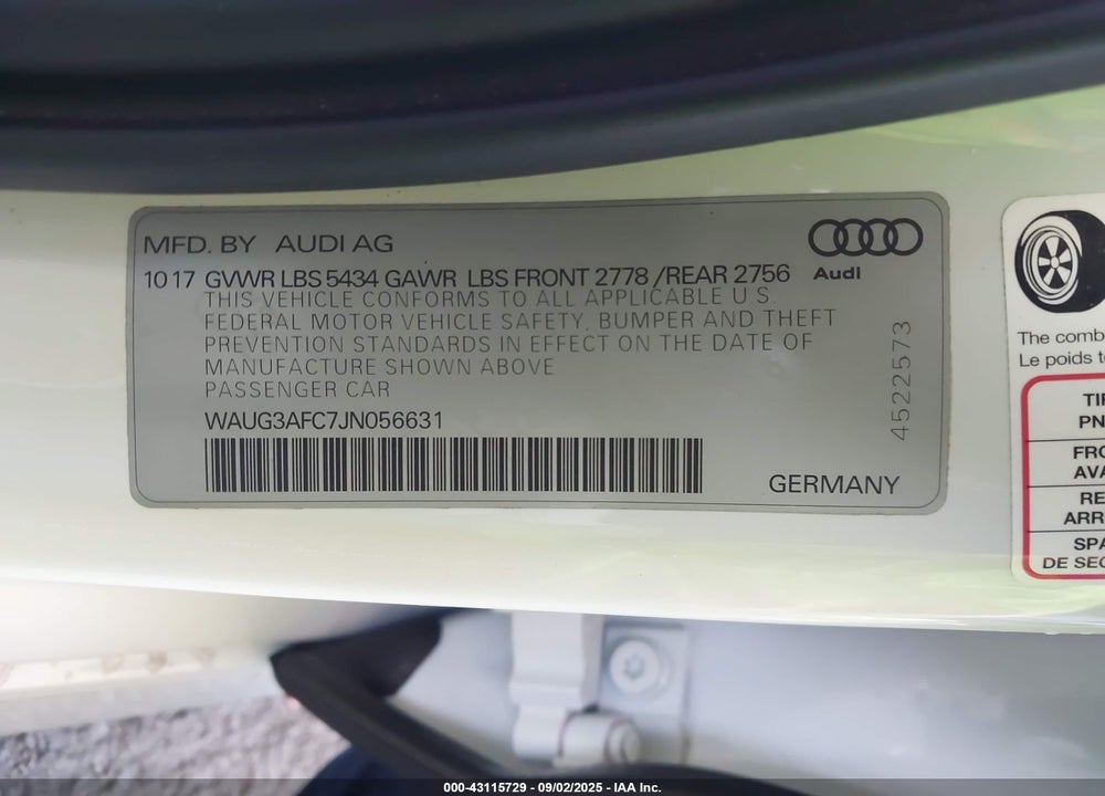 2018 AUDI A6 VIN: WAUG3AFC7JN056631