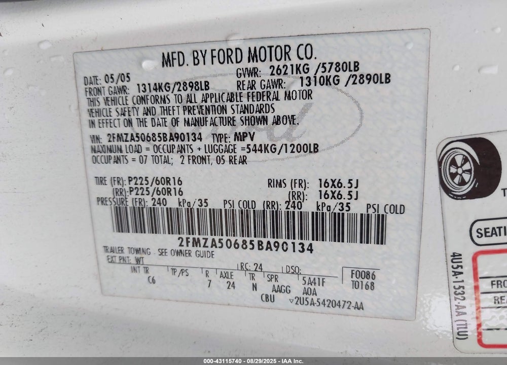 2005 FORD FREESTAR VIN: 2FMZA50685BA90134