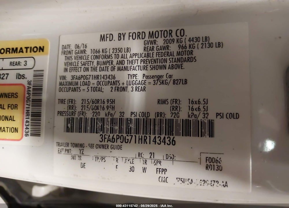 2017 FORD FUSION S VIN: 3FA6P0G71HR143436