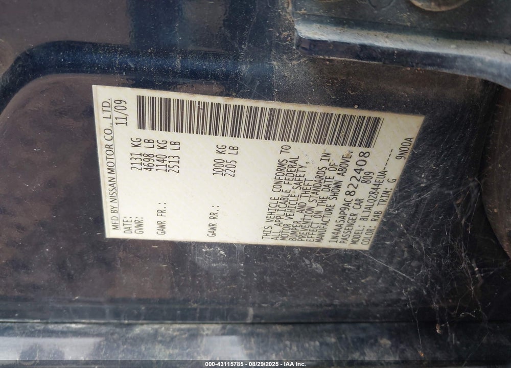 2010 NISSAN MAXIMA VIN: 1N4AA5AP9AC822408
