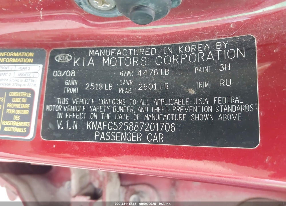 2008 KIA RONDO VIN: KNAFG525887201706
