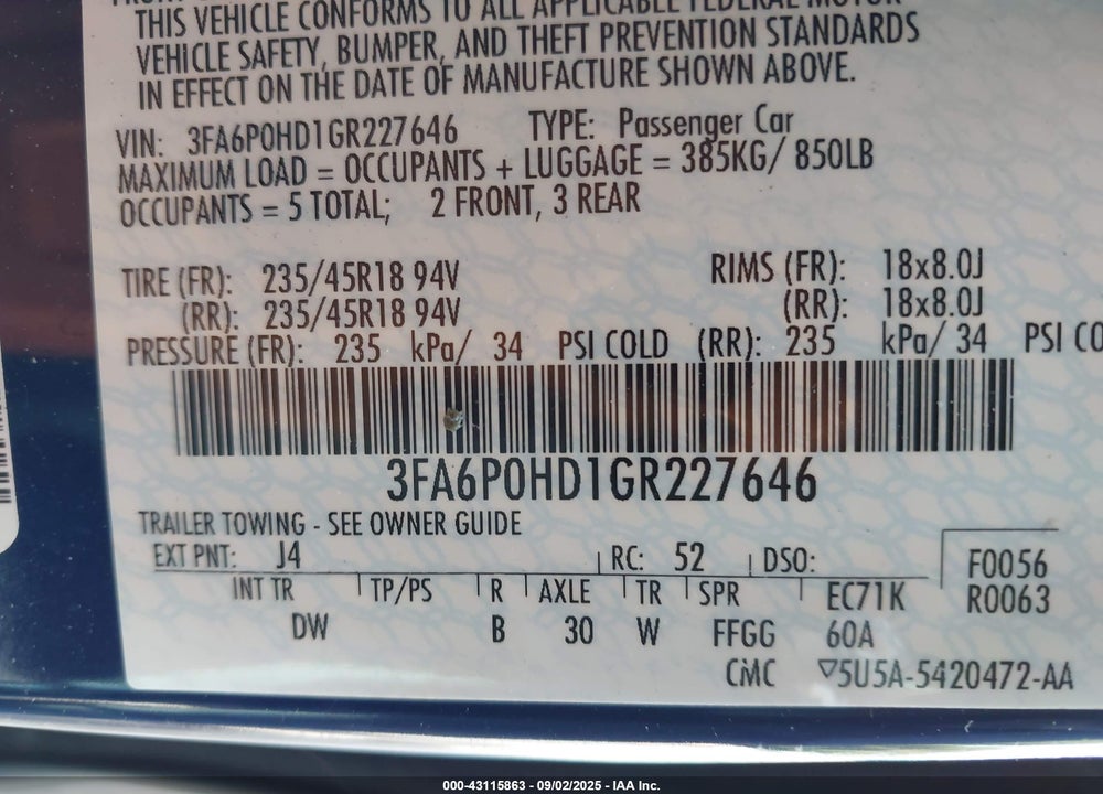 2016 FORD FUSION VIN: 3FA6P0HD1GR227646