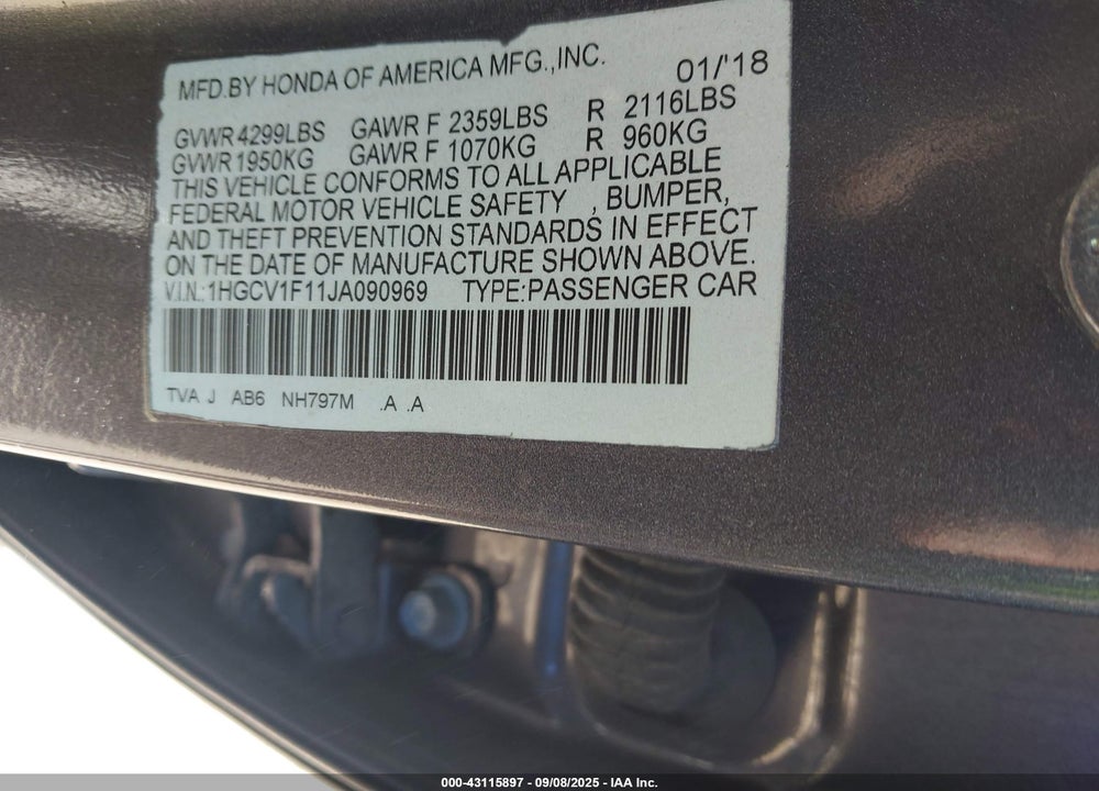 2018 HONDA ACCORD VIN: 1HGCV1F11JA090969