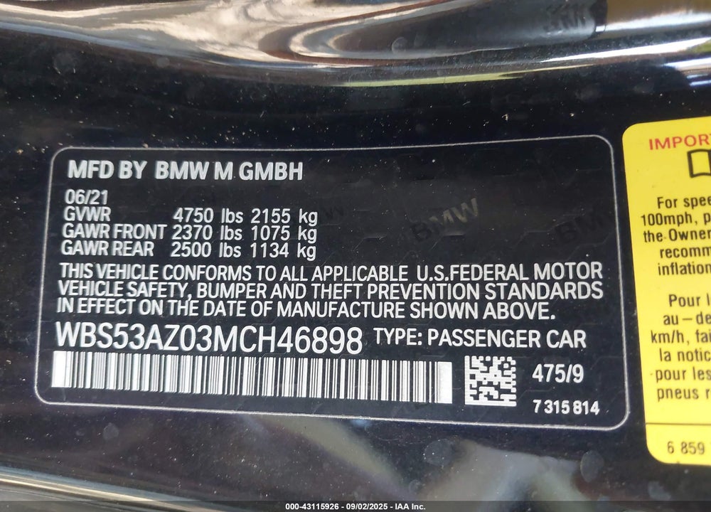 2021 BMW M4 VIN: WBS53AZ03MCH46898