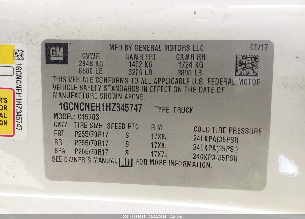 2017 CHEVROLET SILVERADO 1500 VIN: 1GCNCNEH1HZ345747
