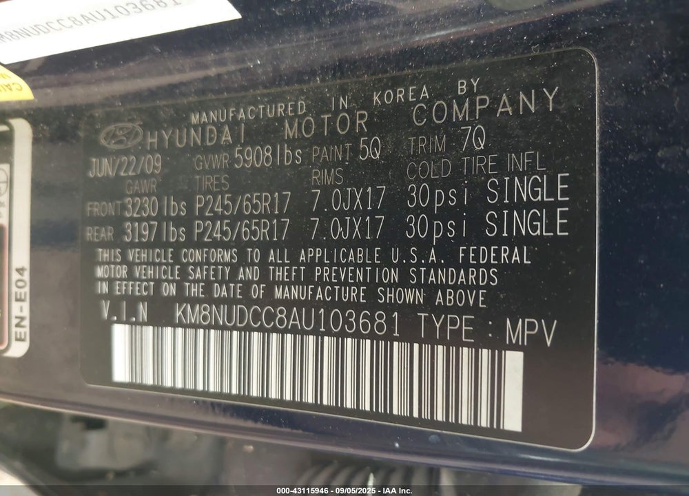 2010 HYUNDAI VERACRUZ VIN: KM8NUDCC8AU103681