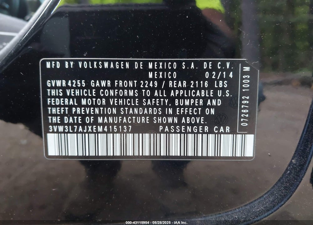 2014 VOLKSWAGEN JETTA VIN: 3VW3L7AJXEM415137