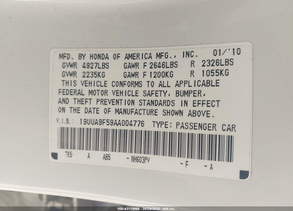 2010 ACURA TL VIN: 19UUA9F59AA004776