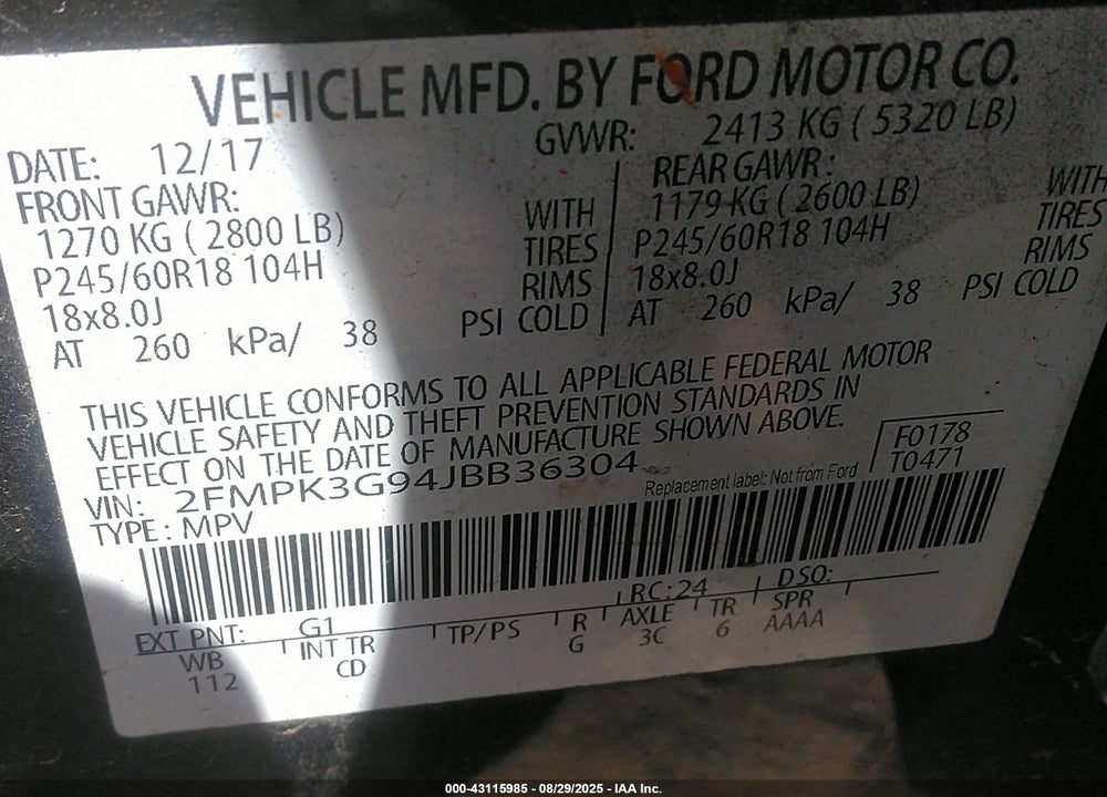 2018 FORD EDGE VIN: 2FMPK3G94JBB36304