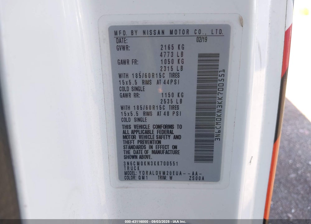 2019 NISSAN NV 200 VIN: 3N6CM0KN3KK700551