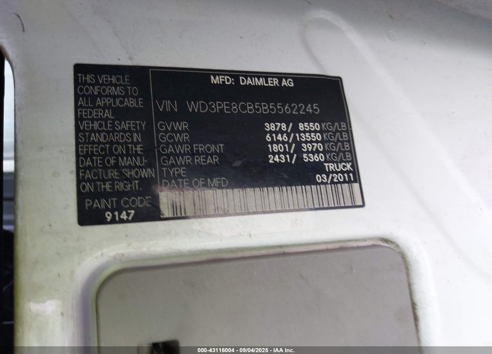 2011 MERCEDES-BENZ SPRINTER 2500 HIGH ROOF VIN: WD3PE8CB5B5562245