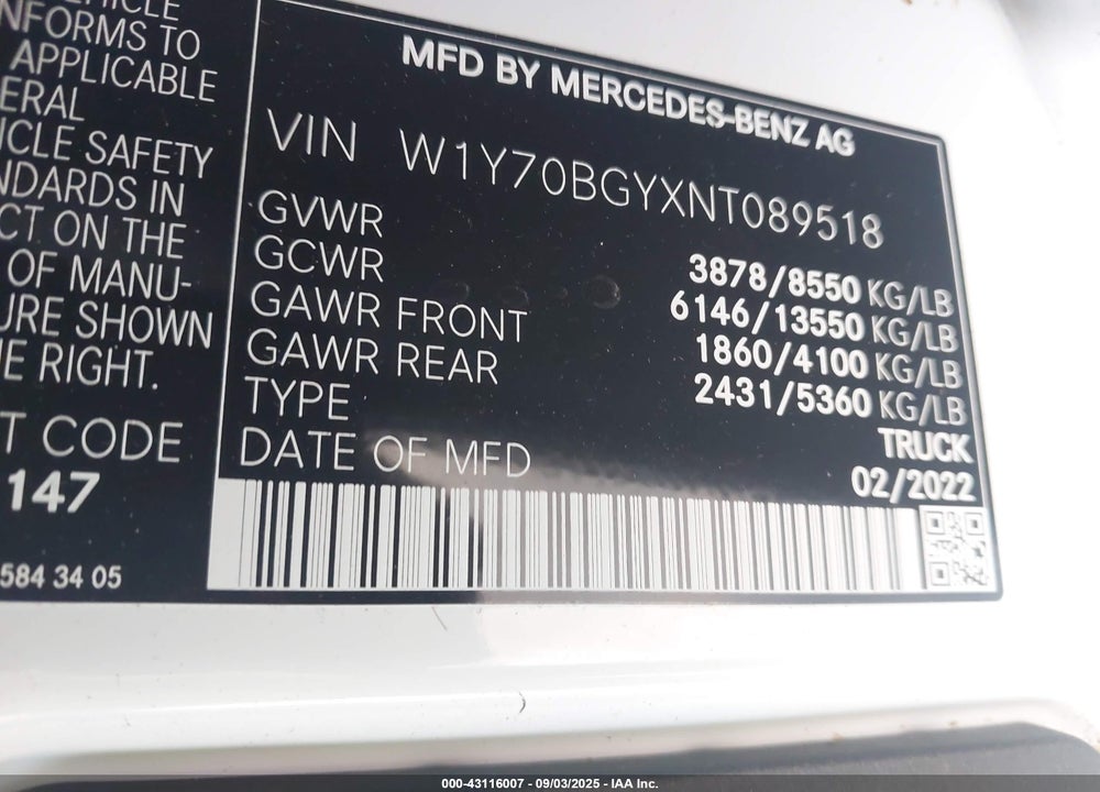 2022 MERCEDES-BENZ SPRINTER VIN: W1Y70BGYXNT089518
