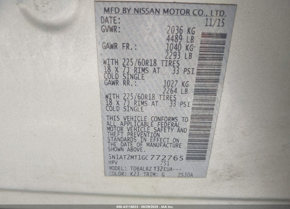 2016 NISSAN ROGUE VIN: 5N1AT2MT1GC772765