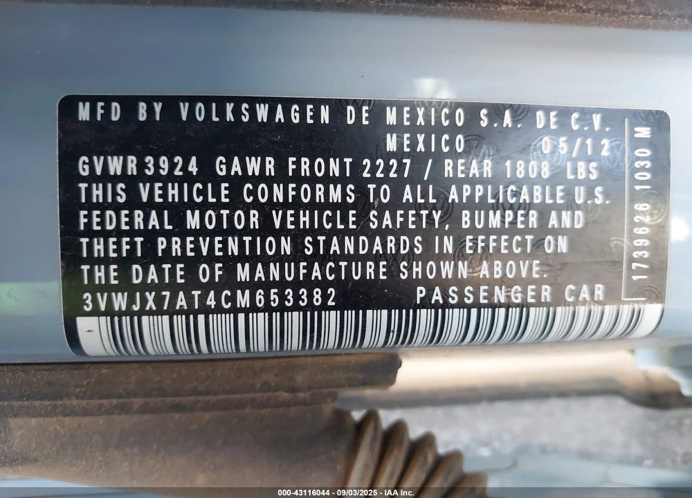 2012 VOLKSWAGEN BEETLE VIN: 3VWJX7AT4CM653382