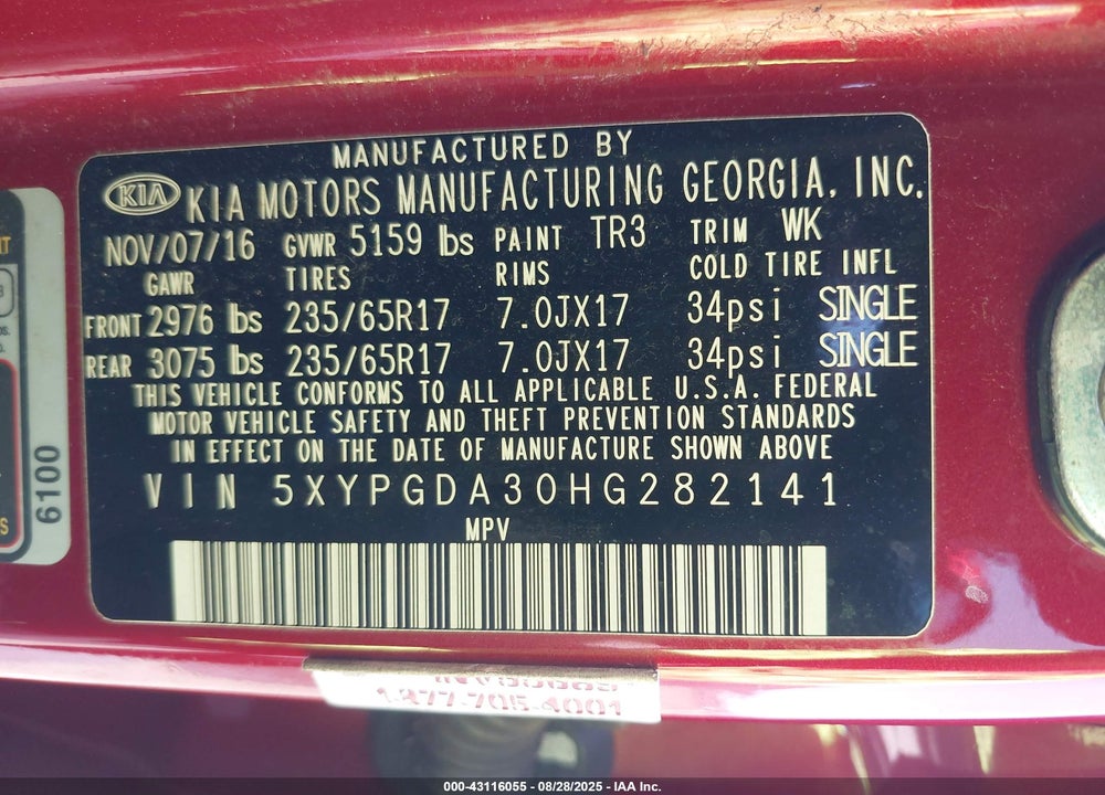 2017 KIA SORENTO VIN: 5XYPGDA30HG282141