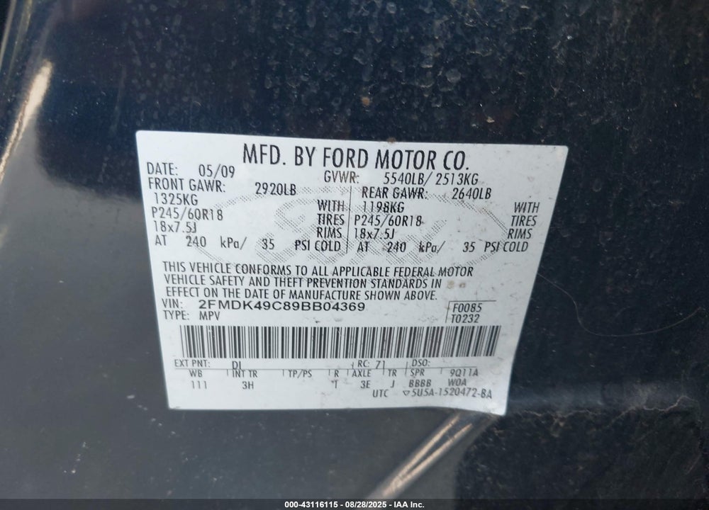 2009 FORD EDGE LIMITED VIN: 2FMDK49C89BB04369
