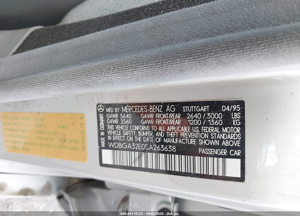 1995 MERCEDES-BENZ S 320W VIN: WDBGA32E0SA263638
