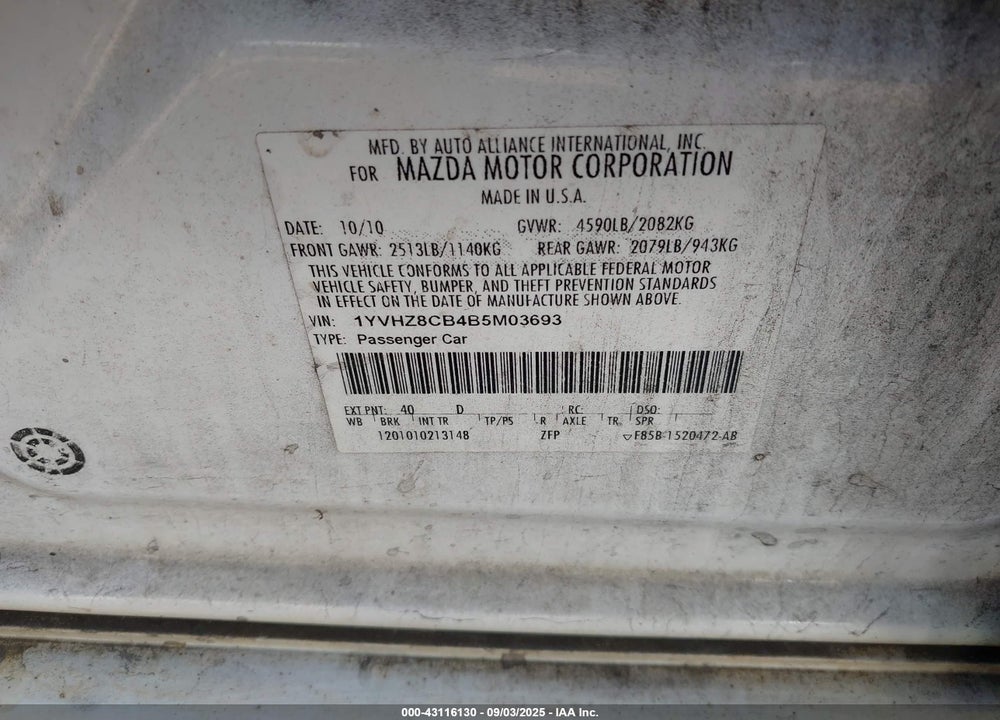 2011 MAZDA 6 VIN: 1YVHZ8CB4B5M03693