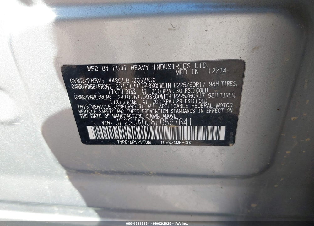 2015 SUBARU FORESTER VIN: JF2SJADC8FG567641