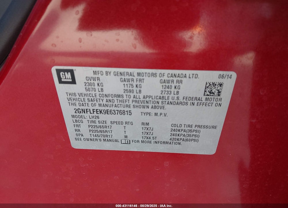 2014 CHEVROLET EQUINOX VIN: 2GNFLFEK9E6376815