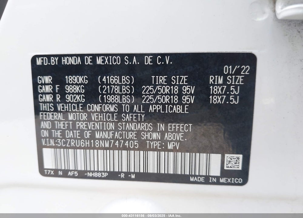 2022 HONDA HR-V VIN: 3CZRU6H18NM747405