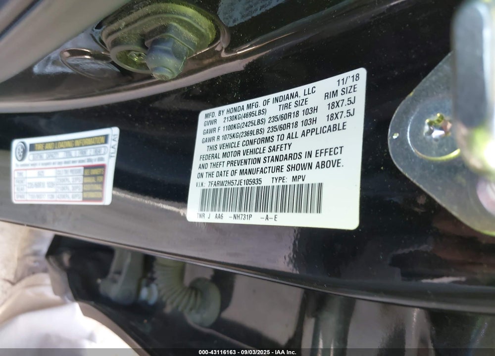 2018 HONDA CR-V VIN: 7FARW2H57JE105935